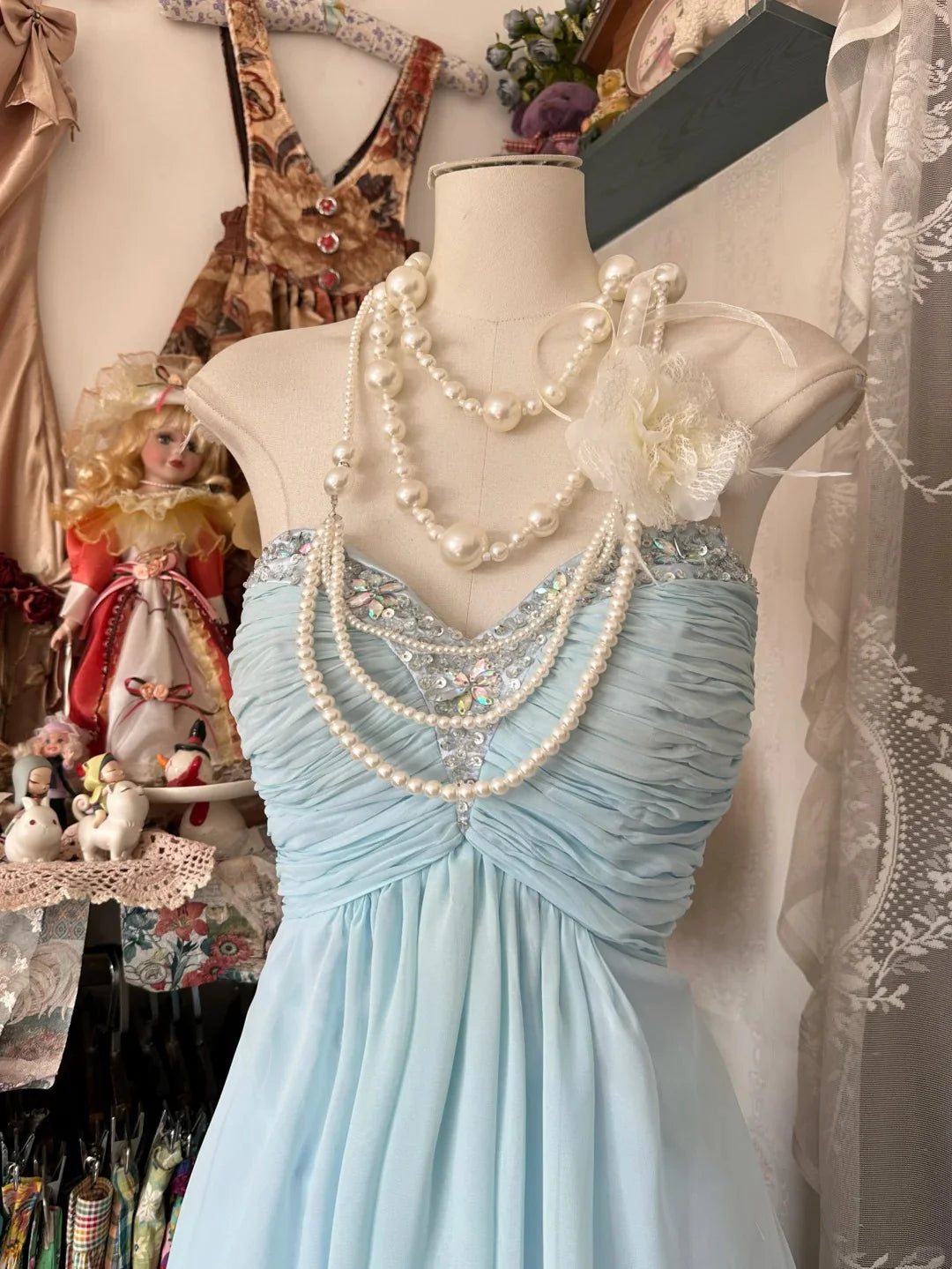 Casual Sweetheart Beaded Chiffon Sky Blue Long Prom Dress Evening Dress