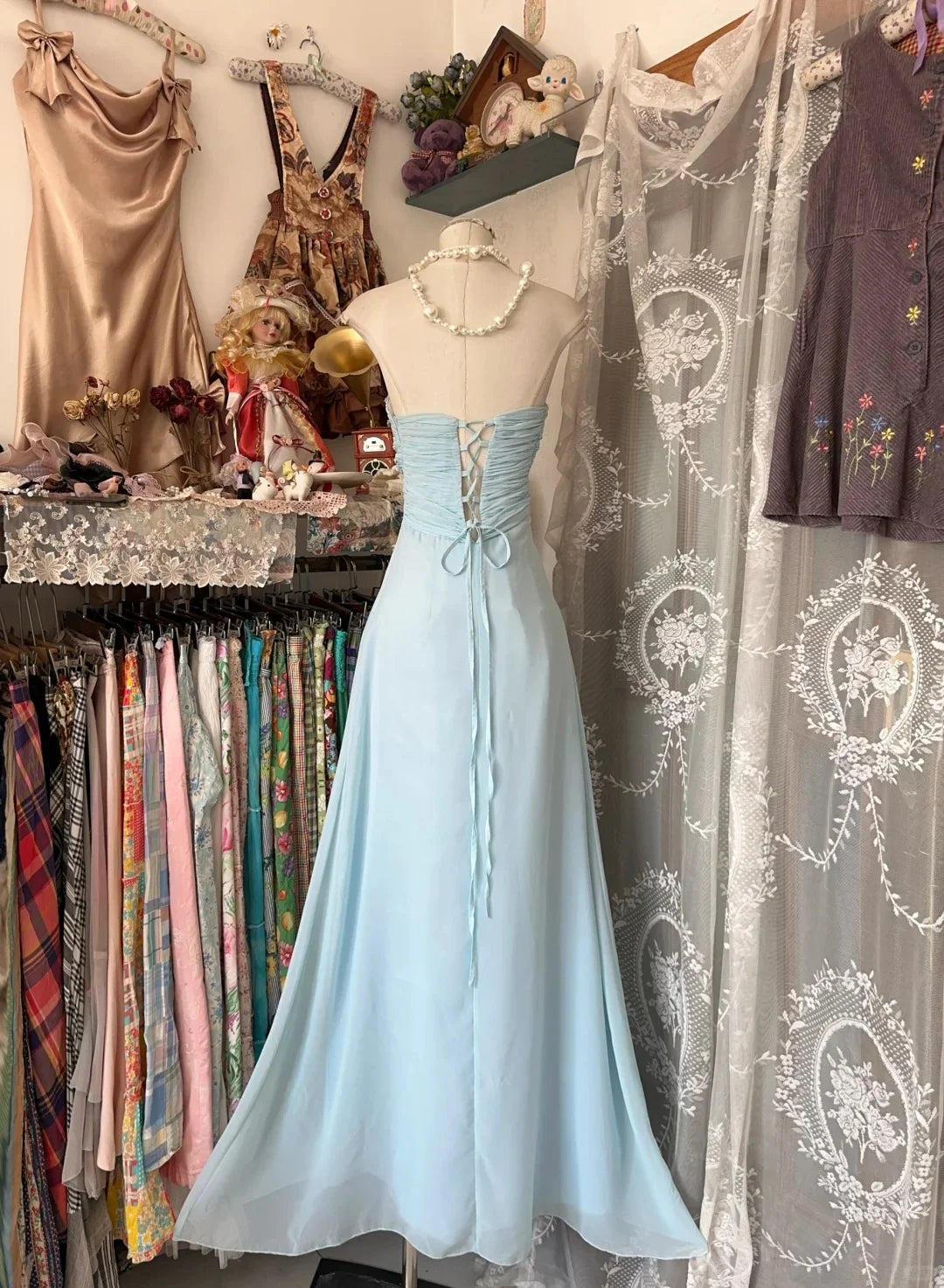 Casual Sweetheart Beaded Chiffon Sky Blue Long Prom Dress Evening Dress