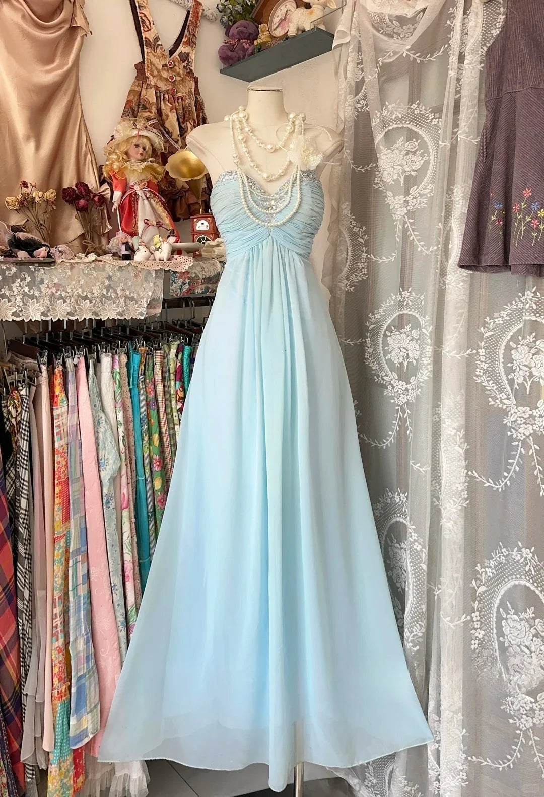 Casual Sweetheart Beaded Chiffon Sky Blue Long Prom Dress Evening Dress