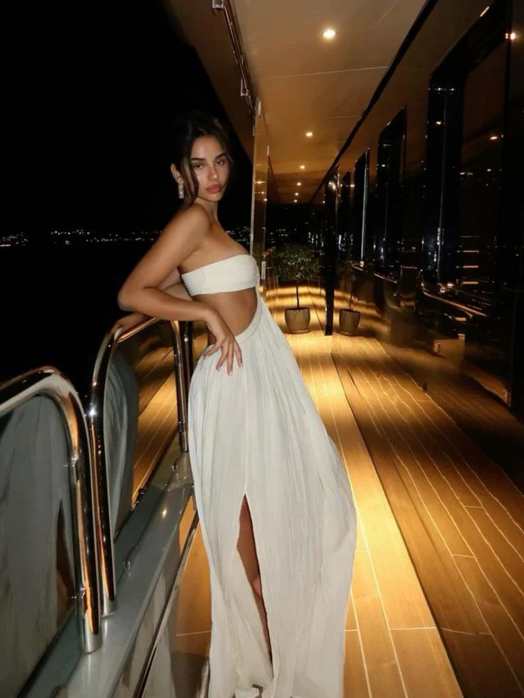 Casual Sweetheart Cut Out White Floor Length Prom Dress With Split