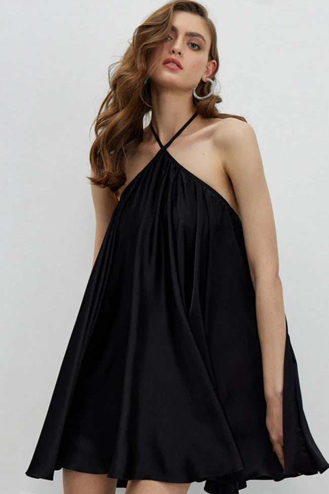 Casual A-Line Halter Backless Pleated Black Mini Homecoming Dress For Ladies