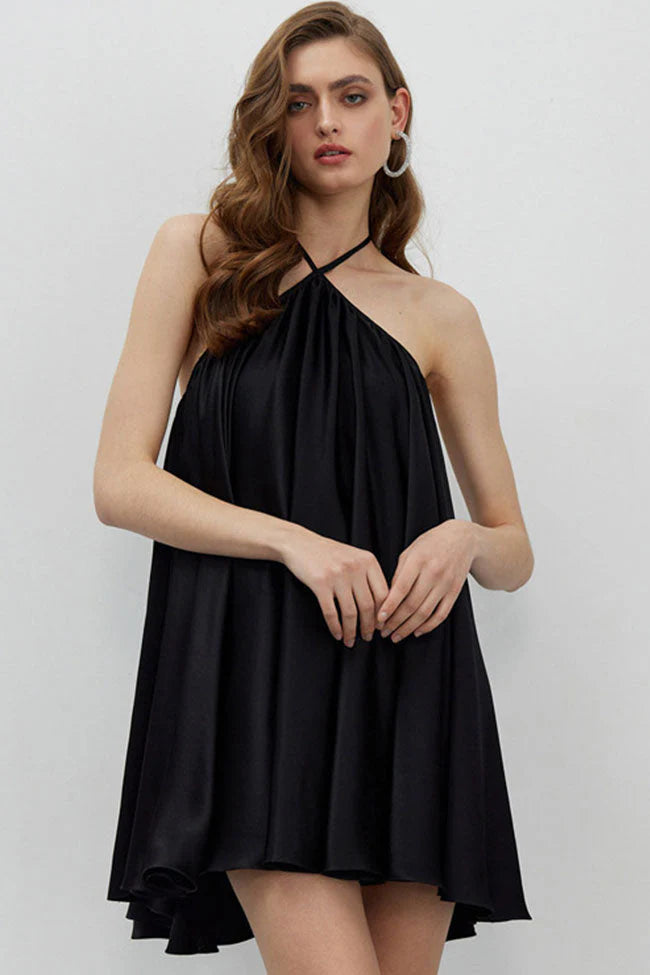 Casual A-Line Halter Backless Pleated Black Mini Homecoming Dress For Ladies