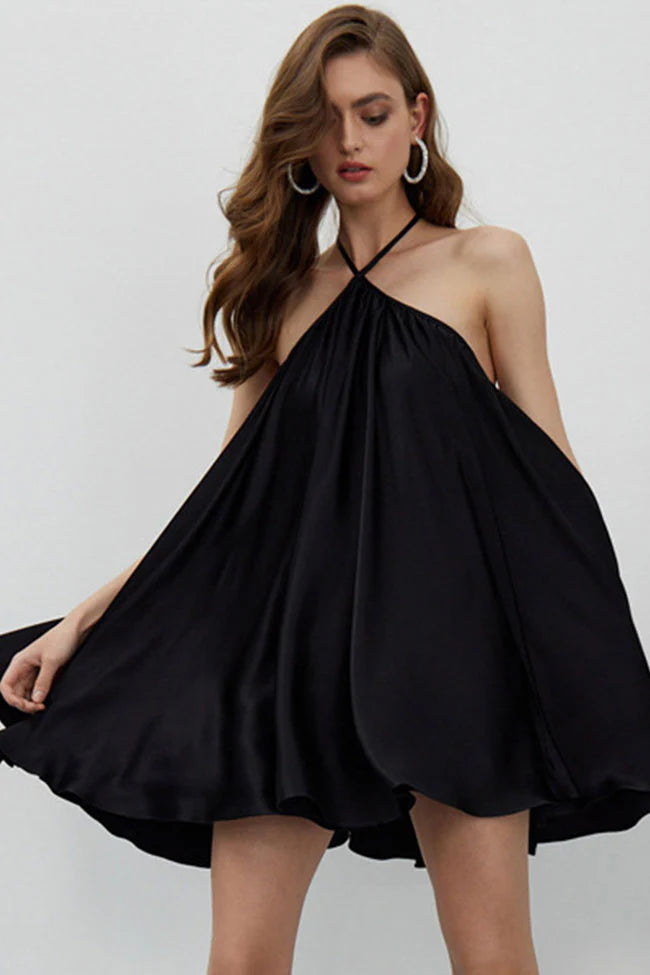 Casual A-Line Halter Backless Pleated Black Mini Homecoming Dress For Ladies