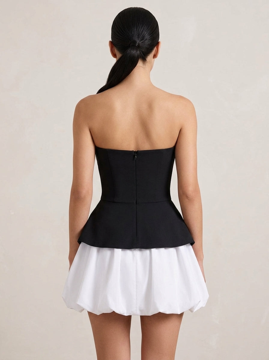 Casual Sheath Strapless Two-Tone Black White Mini Homecoming Dress With Bubble Hem