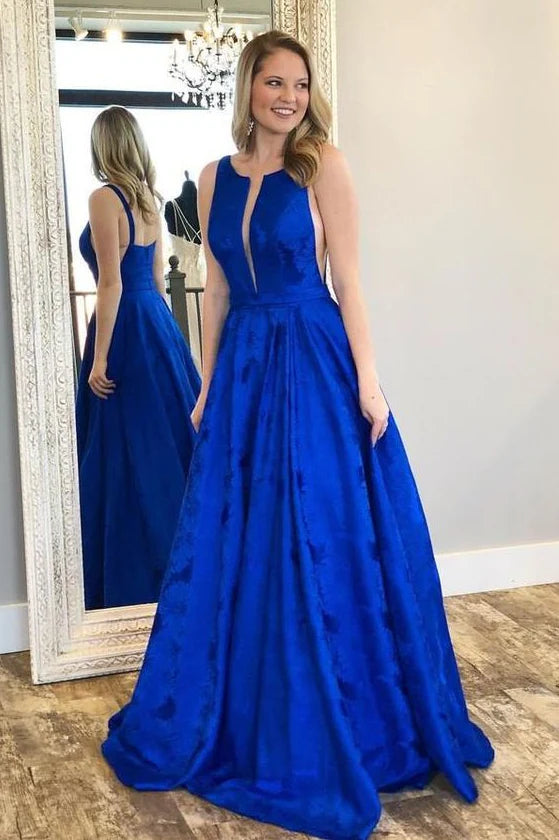 Charming A-Line Deep V Neck Printed Satin Royal Blue Floor-Length Prom Dress