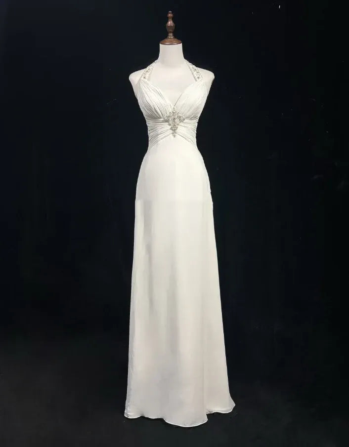 Charming A-Line Halter Beaded Ruched Backless Chiffon White Long Prom Dress