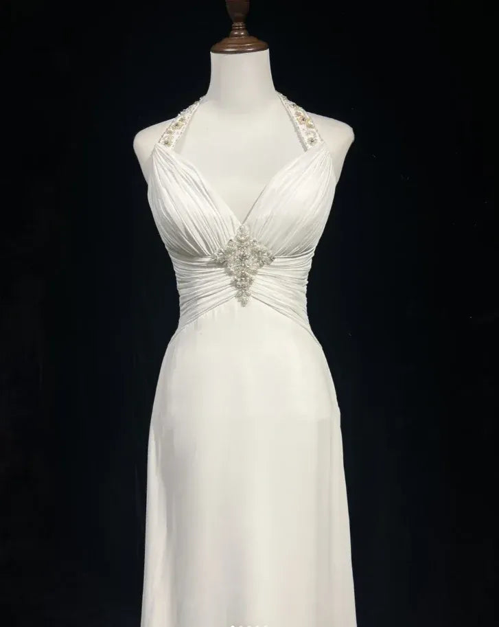 Charming A-Line Halter Beaded Ruched Backless Chiffon White Long Prom Dress