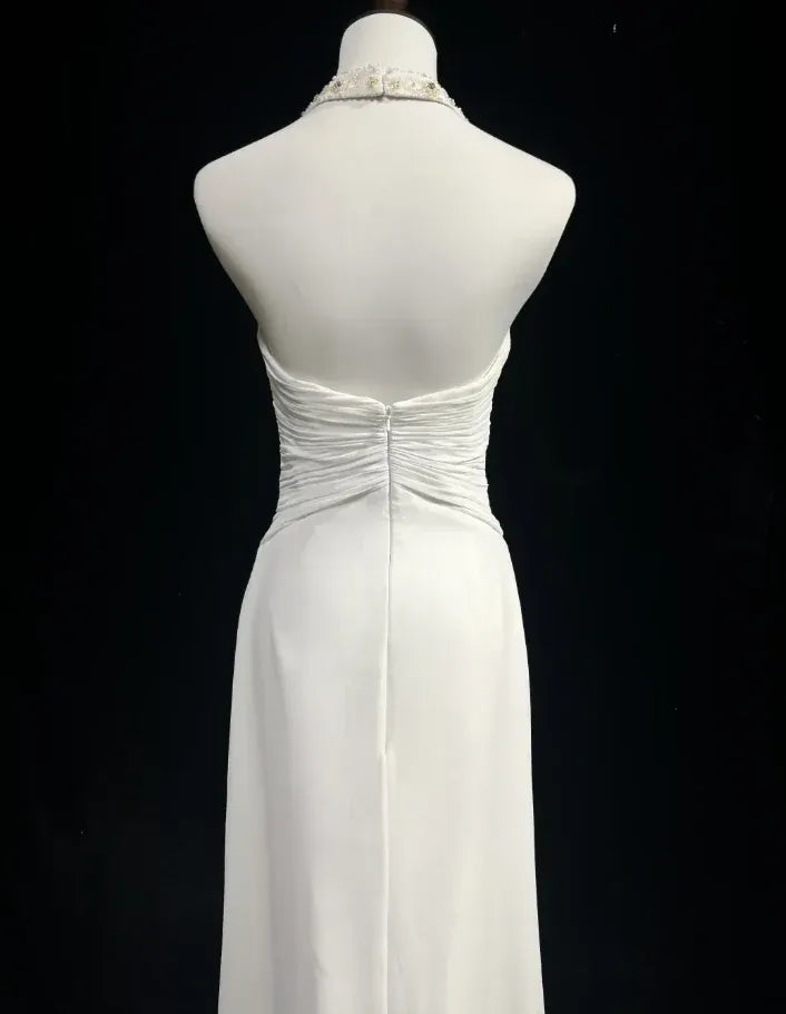 Charming A-Line Halter Beaded Ruched Backless Chiffon White Long Prom Dress