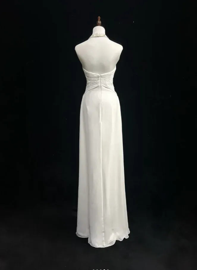 Charming A-Line Halter Beaded Ruched Backless Chiffon White Long Prom Dress