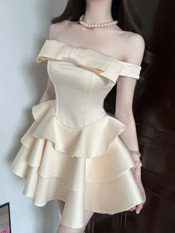 Charming A-Line Off-Shoulder Tiered Ruffled Champagne Mini Homecoming Dress