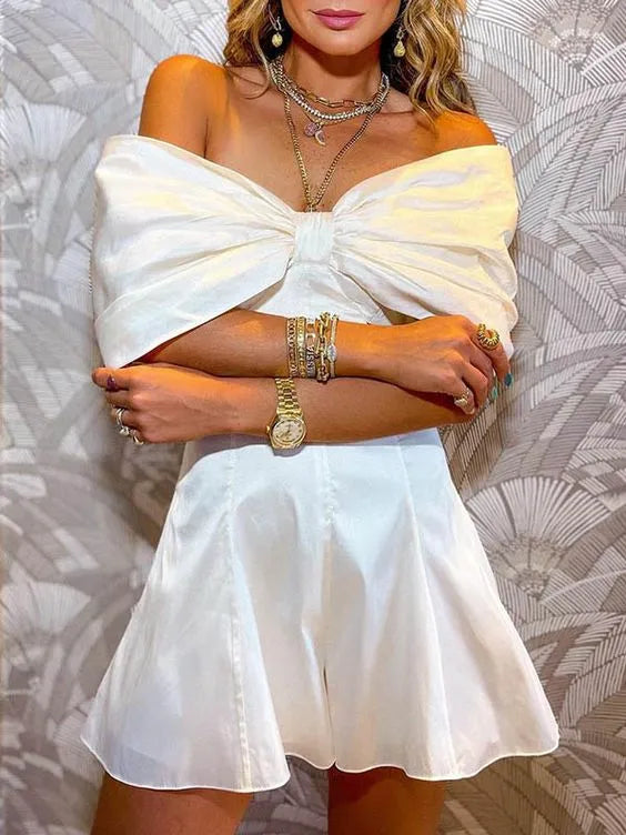 Charming A-Line Off-the-Shoulder Bow Satin White Mini Homecoming Dress