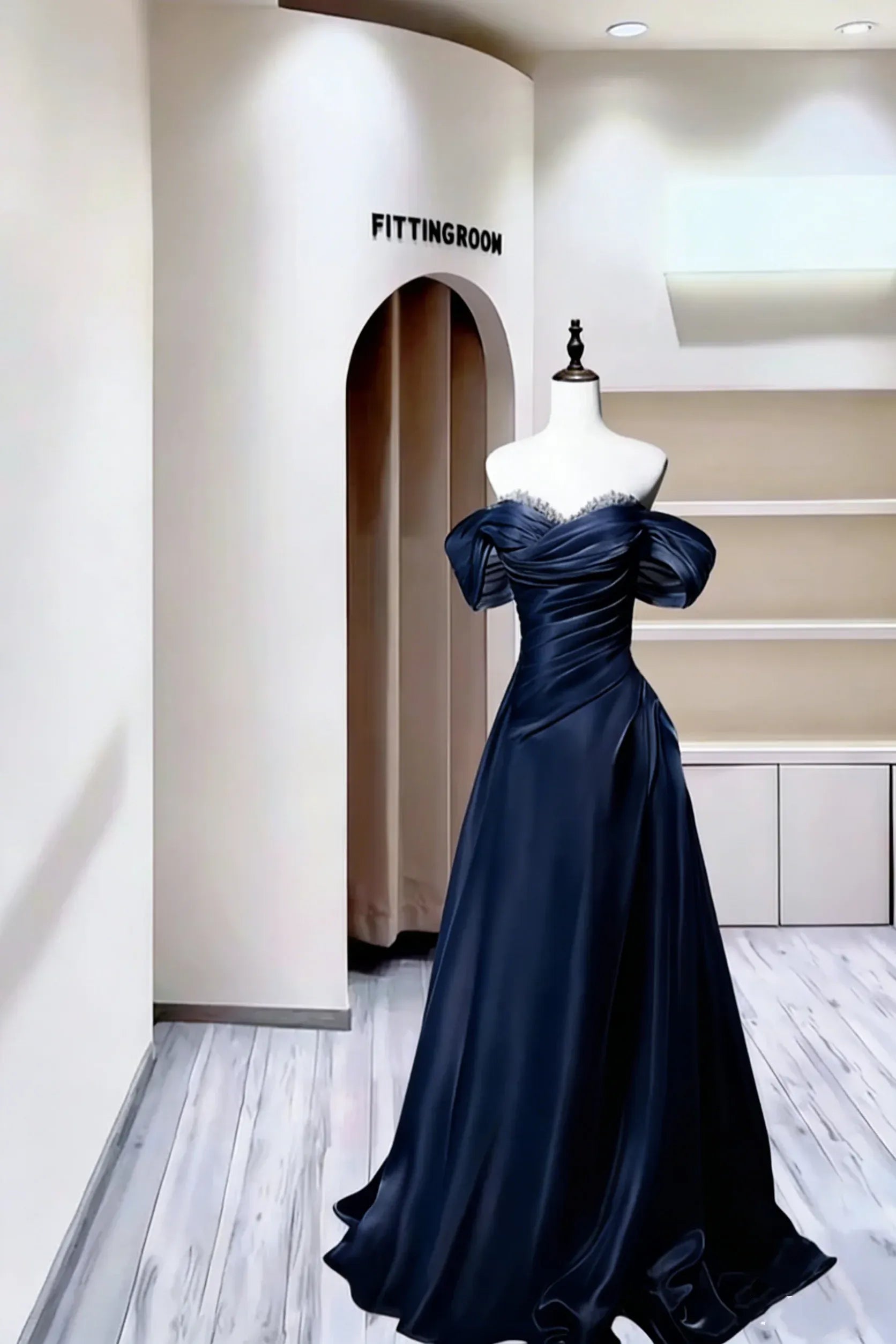 Charming A-Line Off Shoulder Beaded Ruched Satin Dusty Blue Long Prom Dress
