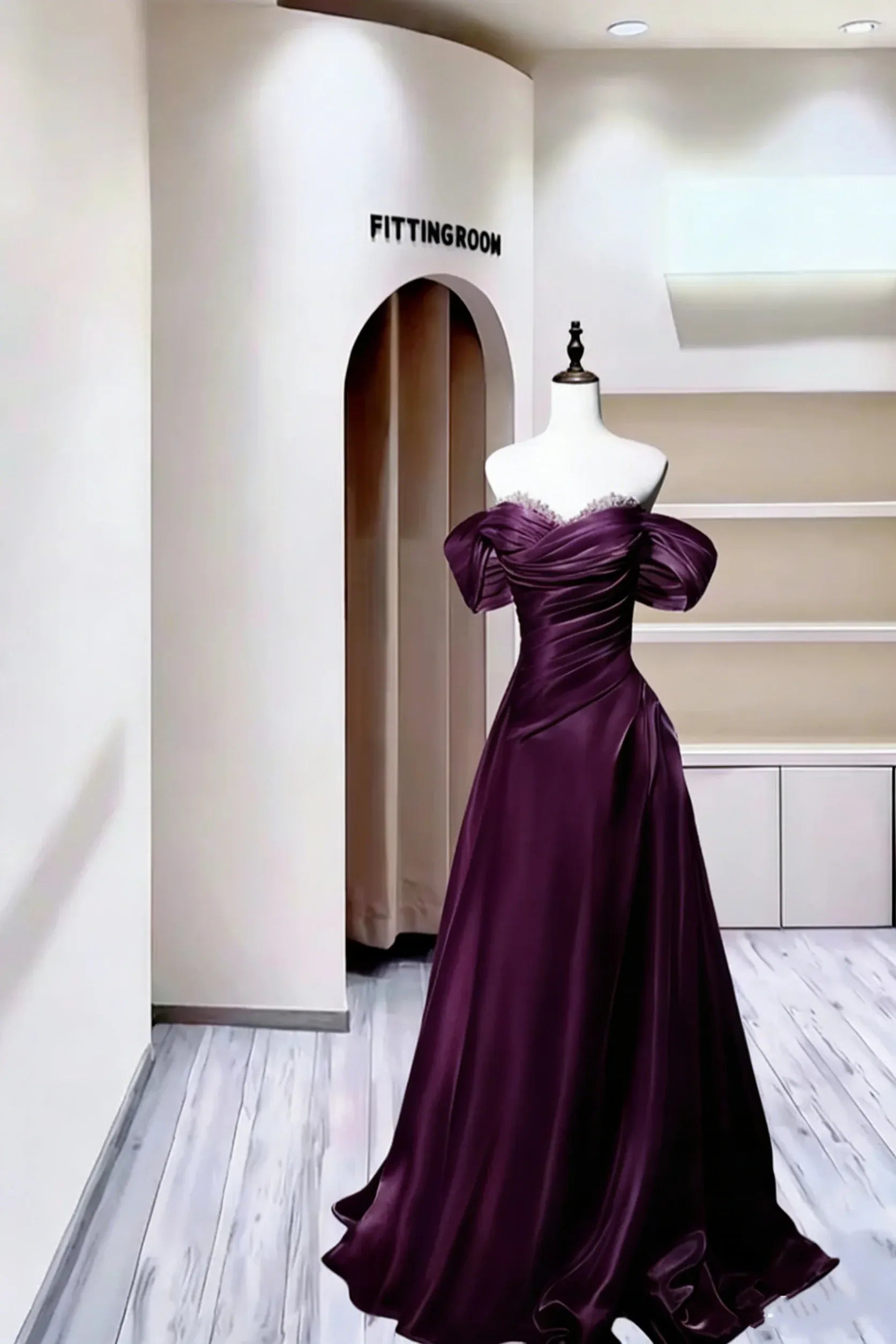 Charming A-Line Off Shoulder Beaded Ruched Satin Dusty Blue Long Prom Dress