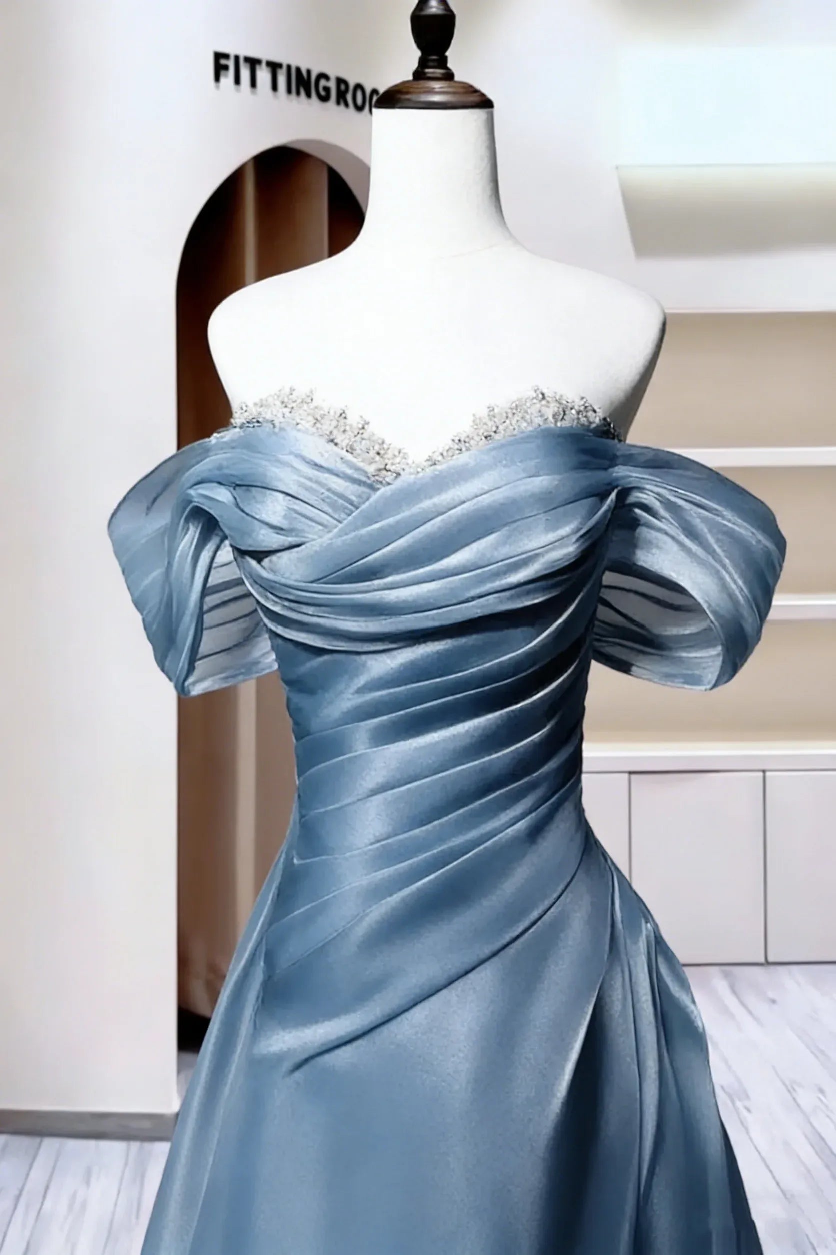 Charming A-Line Off Shoulder Beaded Ruched Satin Dusty Blue Long Prom Dress