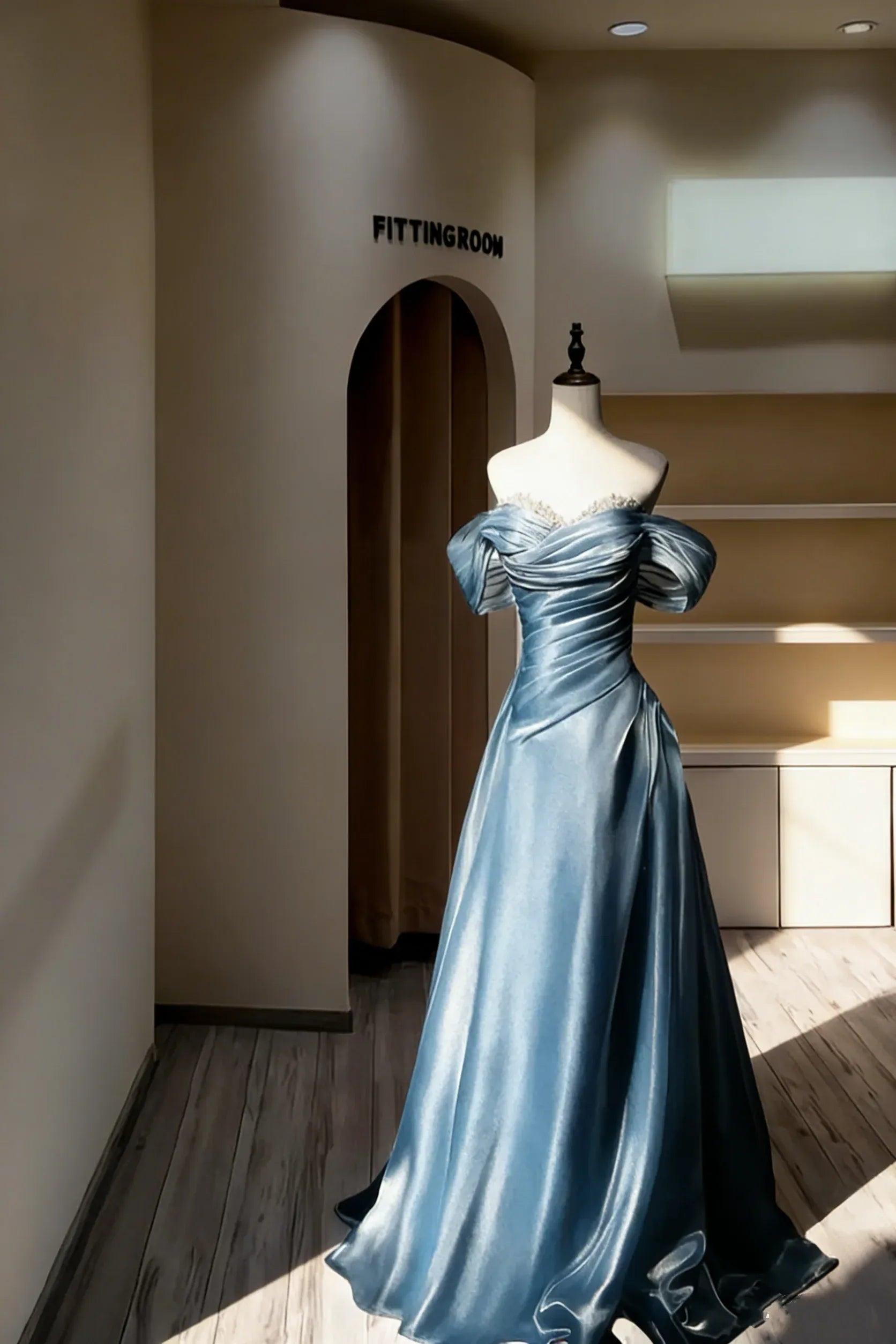 Charming A-Line Off Shoulder Beaded Ruched Satin Dusty Blue Long Prom Dress