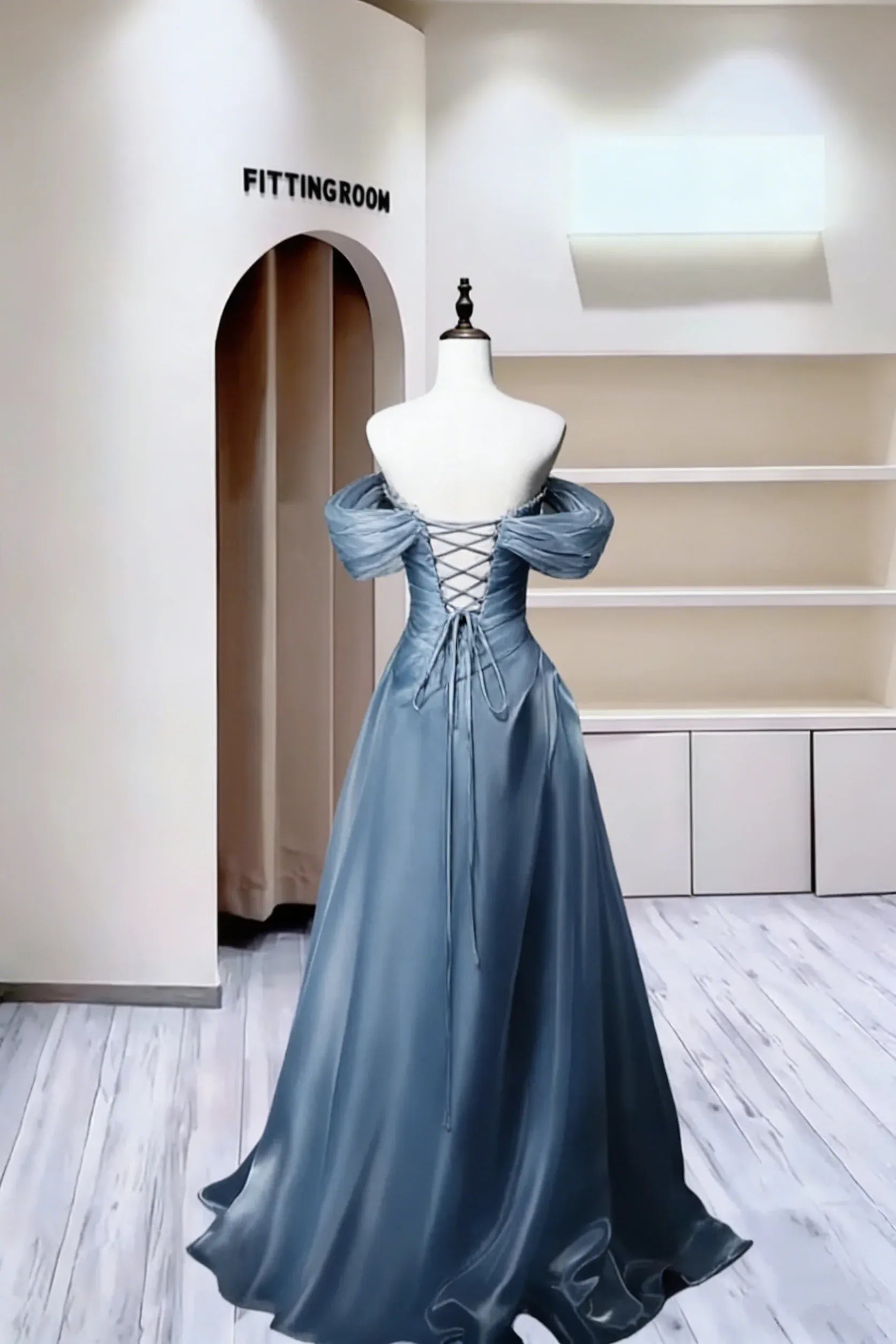 Charming A-Line Off Shoulder Beaded Ruched Satin Dusty Blue Long Prom Dress