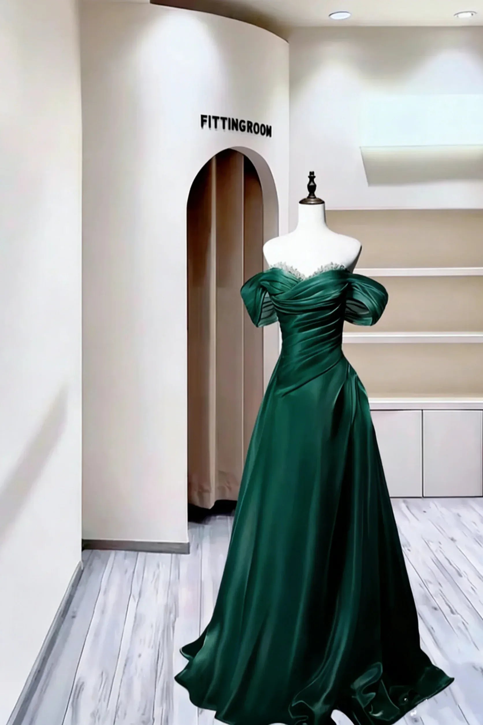 Charming A-Line Off Shoulder Beaded Ruched Satin Dusty Blue Long Prom Dress