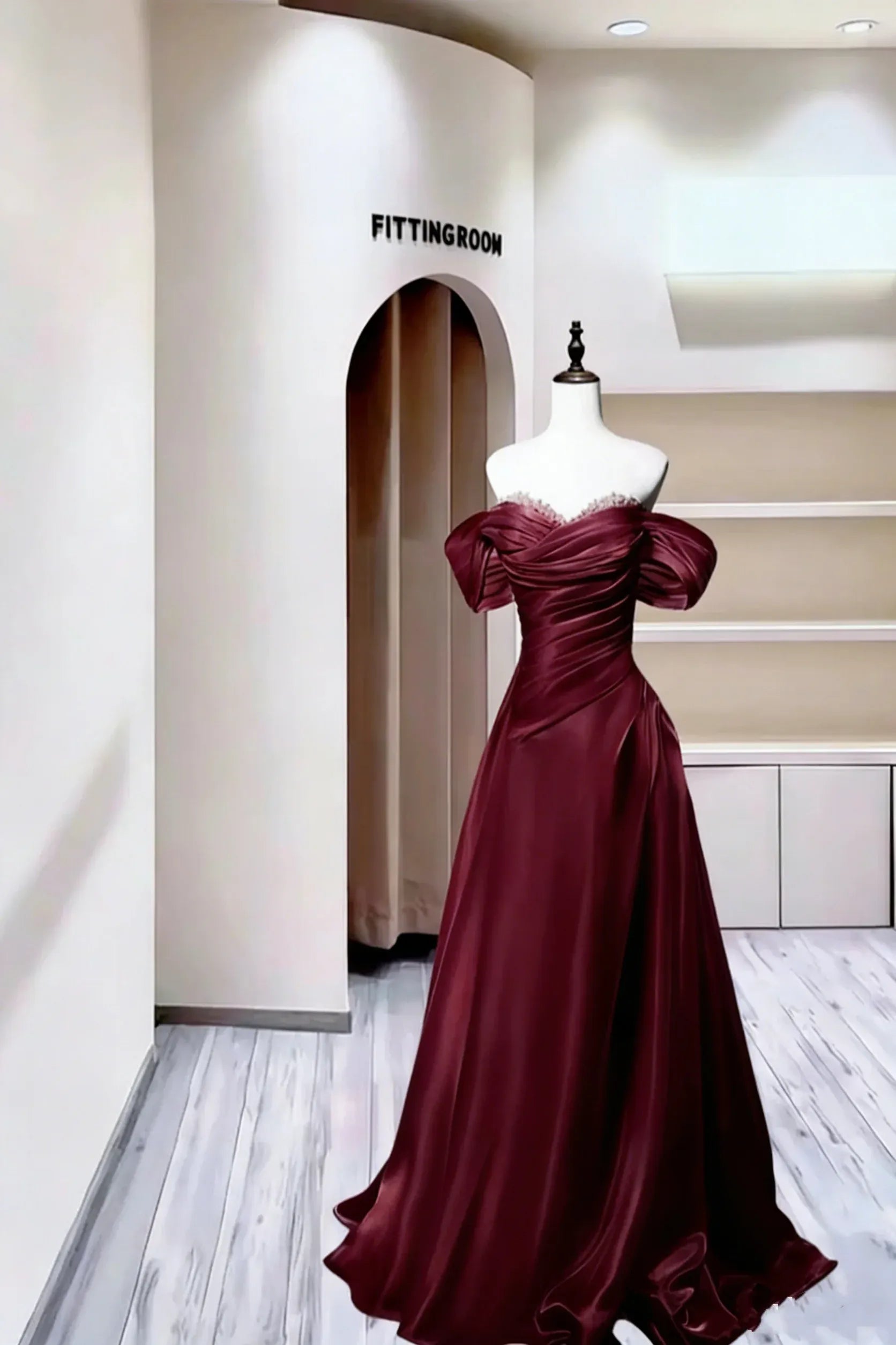 Charming A-Line Off Shoulder Beaded Ruched Satin Dusty Blue Long Prom Dress