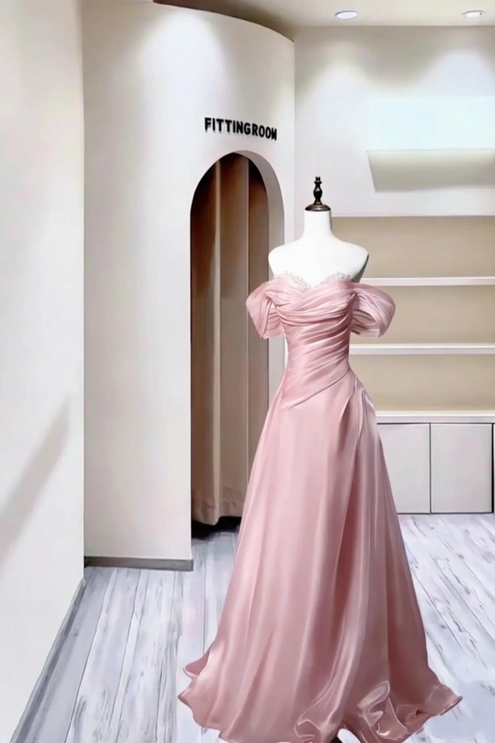 Charming A-Line Off Shoulder Beaded Ruched Satin Dusty Blue Long Prom Dress
