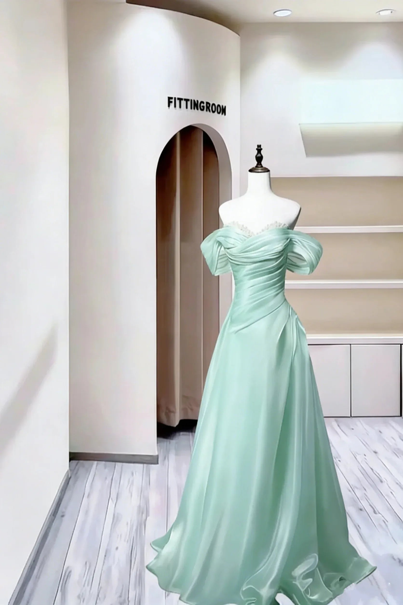 Charming A-Line Off Shoulder Beaded Ruched Satin Dusty Blue Long Prom Dress