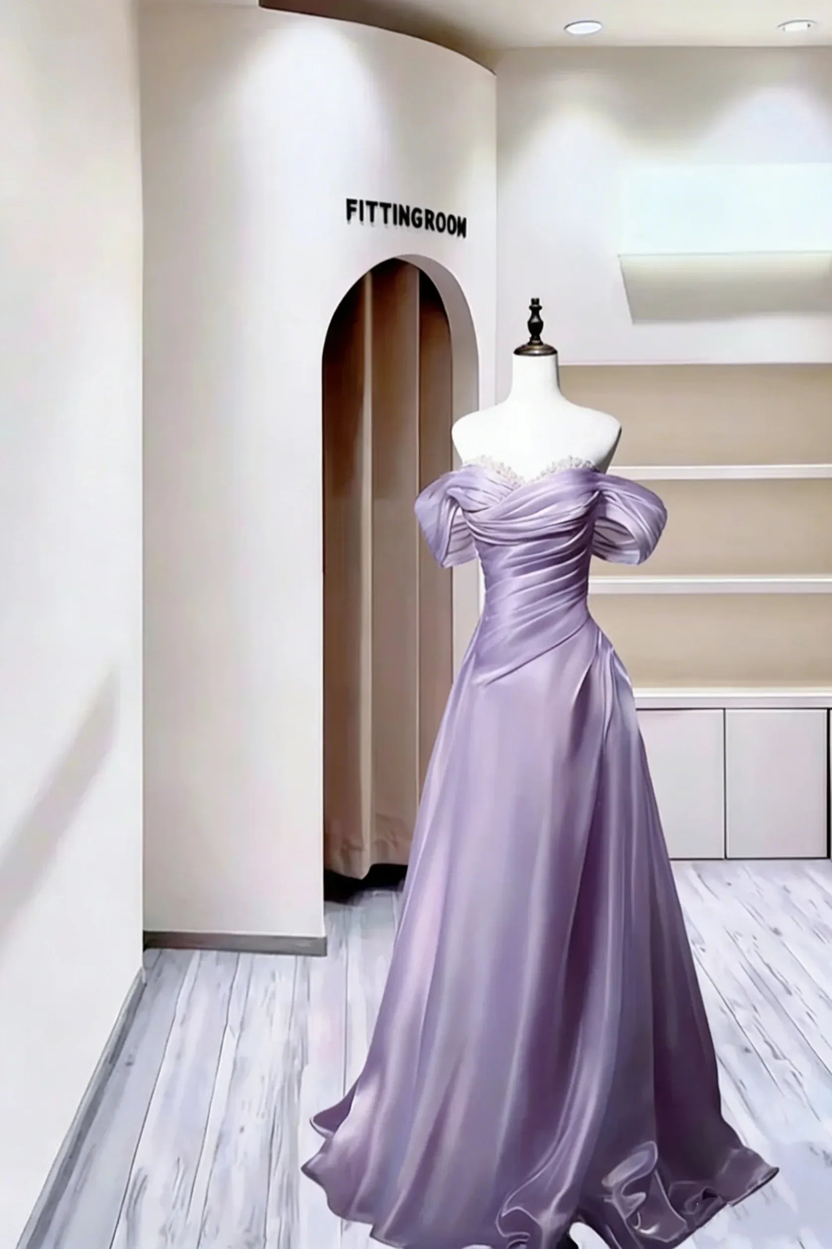Charming A-Line Off Shoulder Beaded Ruched Satin Dusty Blue Long Prom Dress
