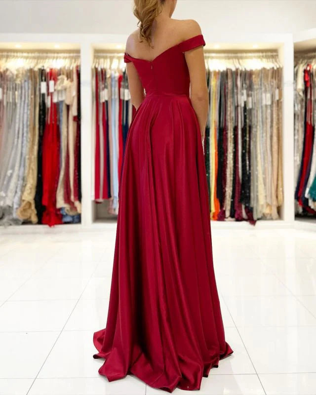 Charming A-Line Off The Shoulder Ruffles Split Burgundy Floor Length Prom Dress