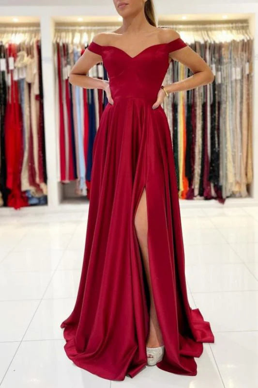 Charming A-Line Off The Shoulder Ruffles Split Burgundy Floor Length Prom Dress