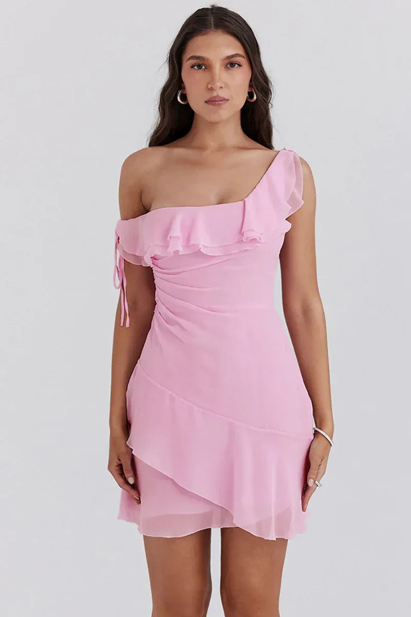 Charming A-Line One Shoulder Ruched Ruffled Pink Mini Homecoming Dress