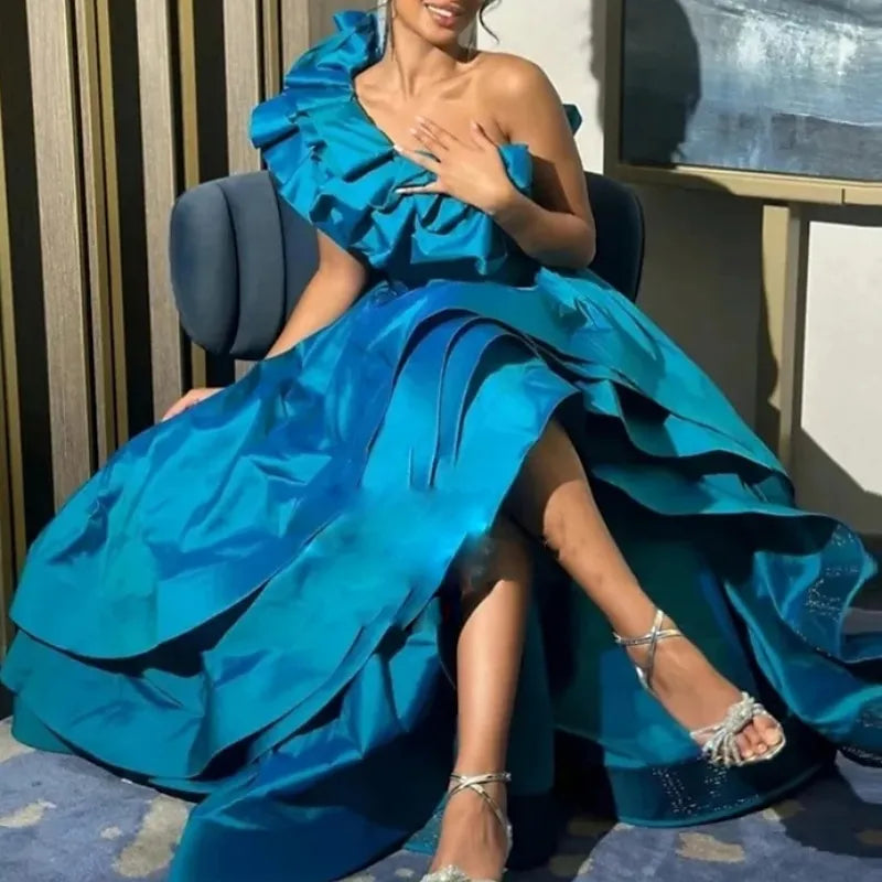 Charming A-Line One Shoulder Ruffle Slit Royal Blue Prom Dress Hot Sale