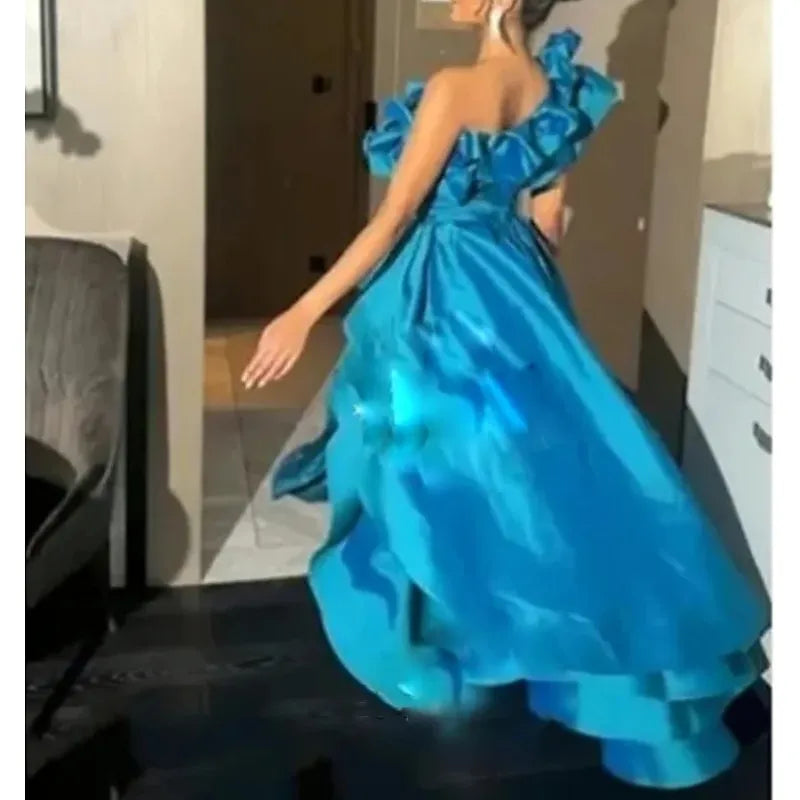 Charming A-Line One Shoulder Ruffle Slit Royal Blue Prom Dress Hot Sale