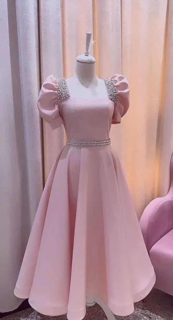 Charming A-Line Square-Neck Short Puff-Sleeve Crystal-Accent Blush Midi Evening Dress for Women