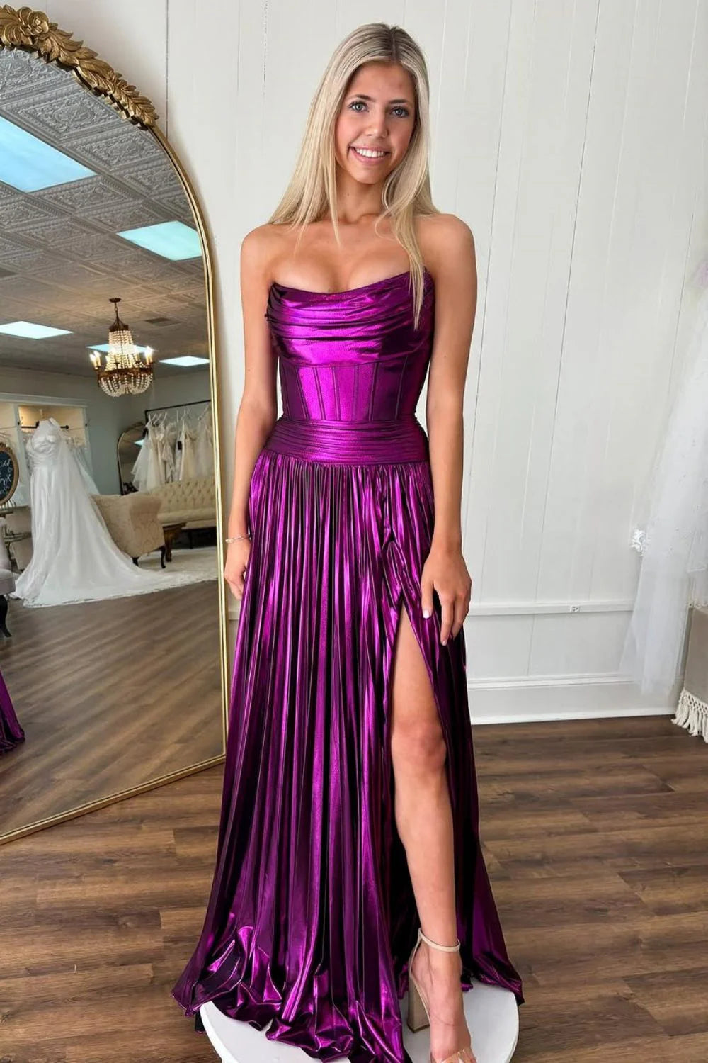 Charming A-Line Strapless Pleated Metallic Long Prom Dress With Slit
