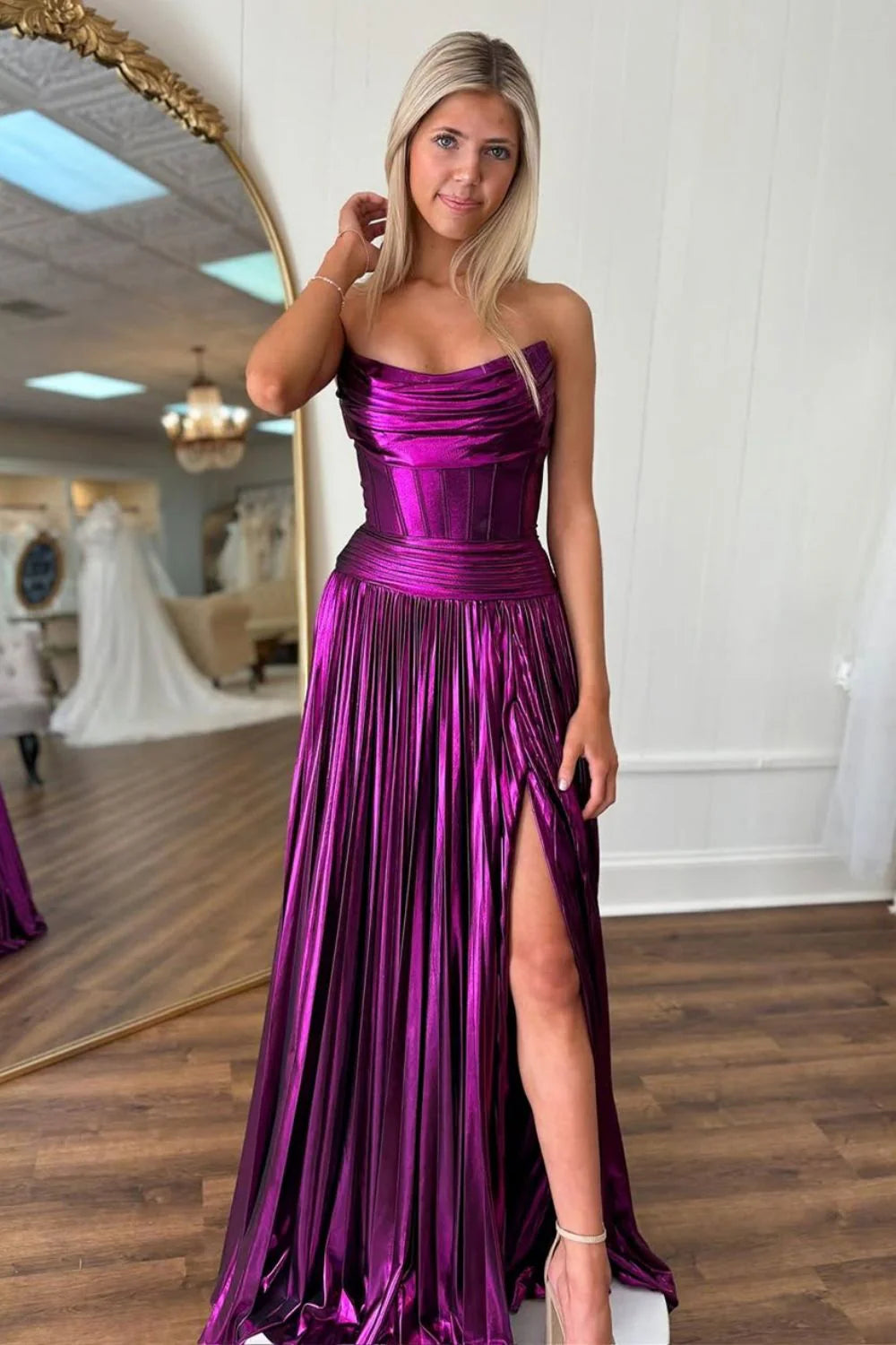 Charming A-Line Strapless Pleated Metallic Long Prom Dress With Slit