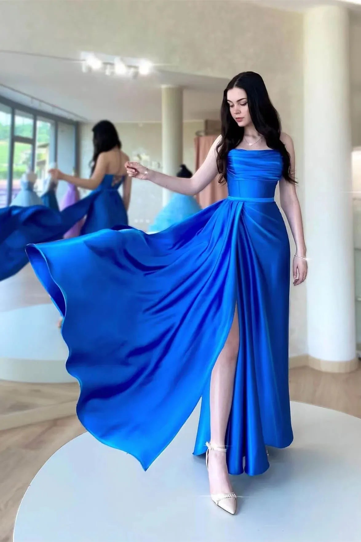 Charming A-Line Strapless Sleeveless Satin Floor-Length Prom Dress