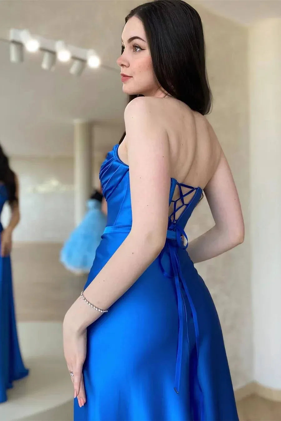 Charming A-Line Strapless Sleeveless Satin Floor-Length Prom Dress