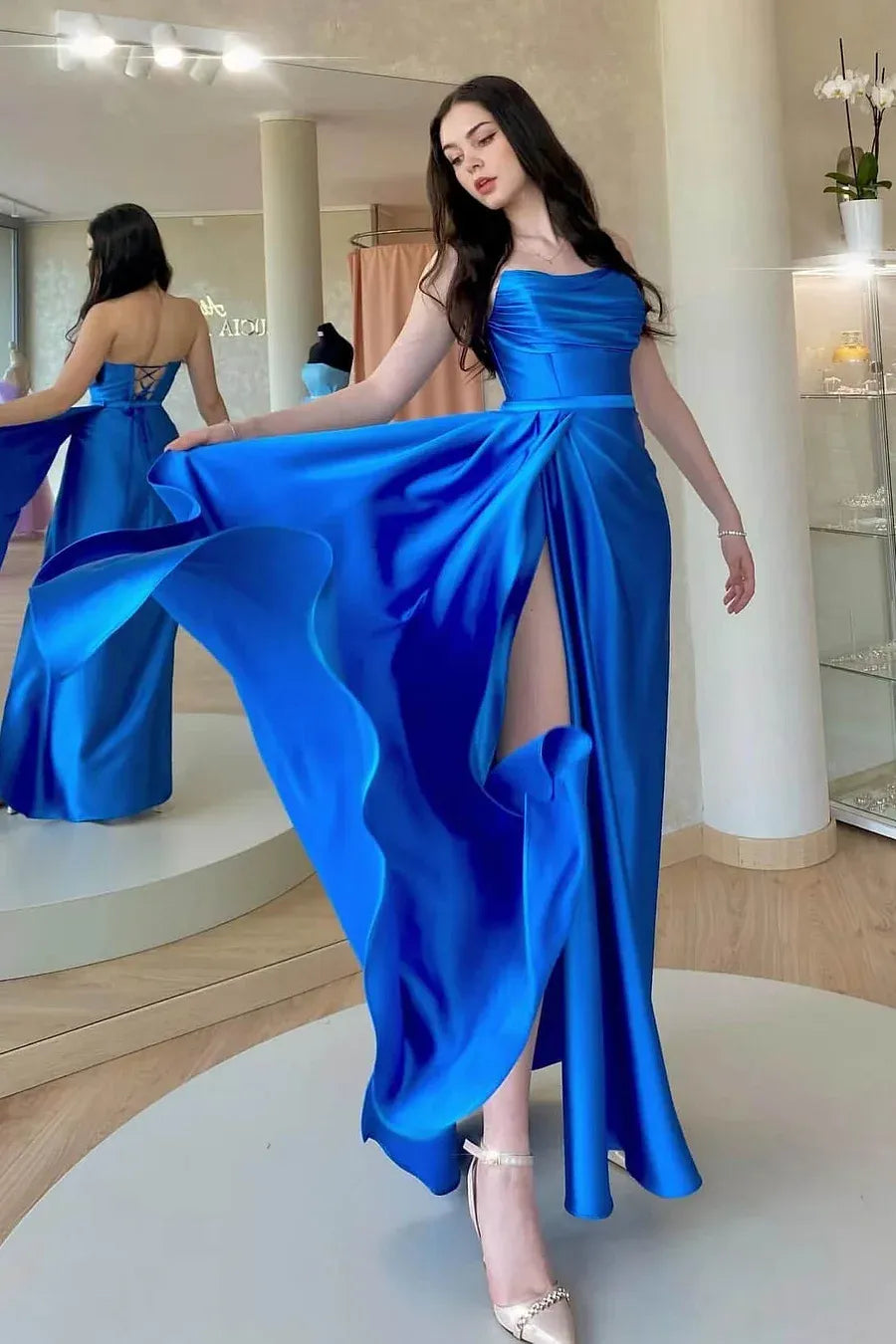 Charming A-Line Strapless Sleeveless Satin Floor-Length Prom Dress