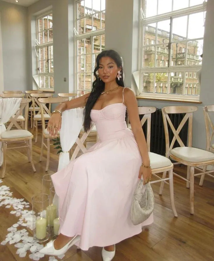 Charming A-Line Sweetheart Sleeveless Ruched Linen-Blend Blush Pink Midi Evening Dress for Women