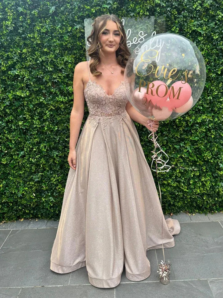 Charming A-Line V-Neck Spaghetti Strap Lace Applique Champagne Long Prom Dress