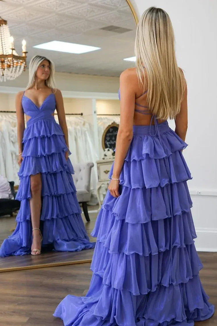Charming A-line Deep V-Neck Sleeveless Ruffled Chiffon Lavender High-Low Evening Dress For Women