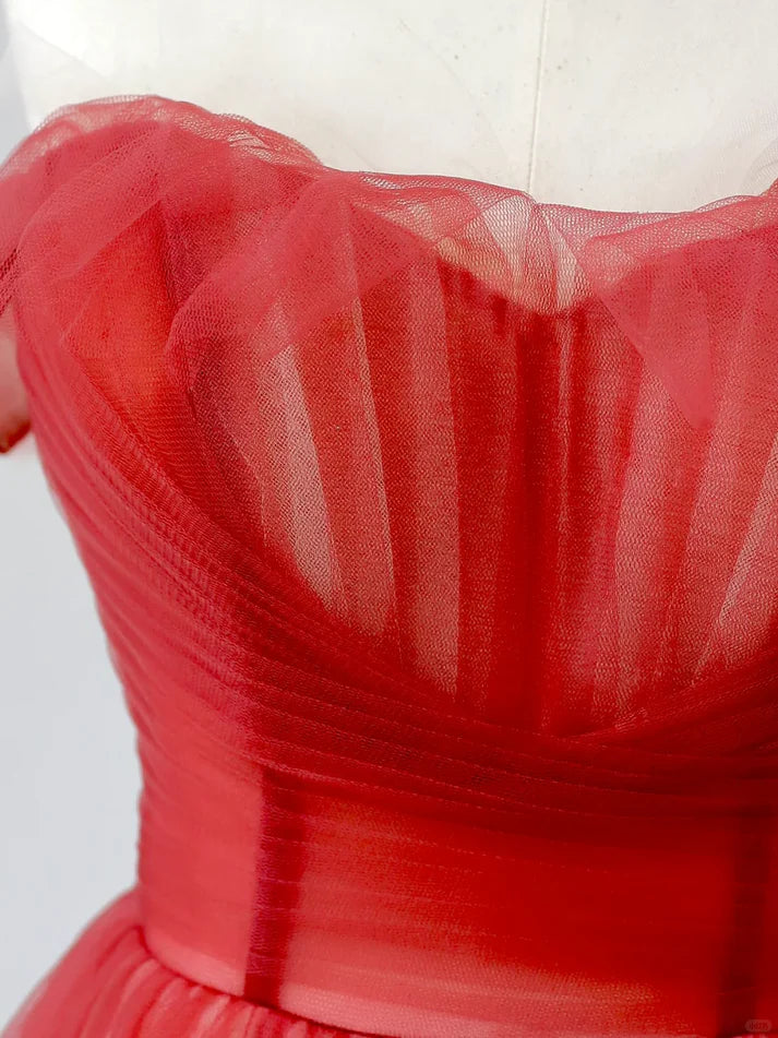 Charming A-line Off The Shoulder Tulle Red Prom Dress Evening Dress