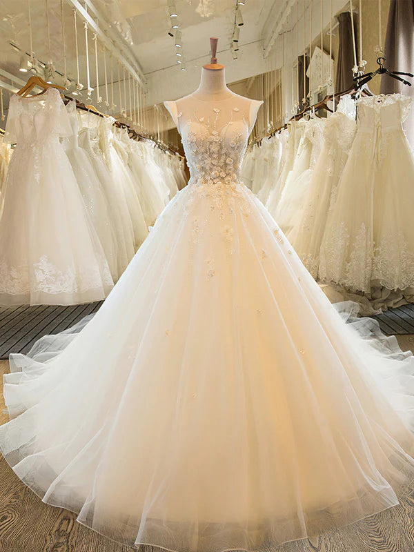 Charming A-line Scoop Neck Applique Tulle White Prom Dress Wedding Dress