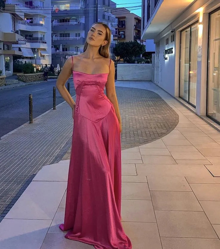 Charming A-line Square-neck Sleeveless Draped Rose Pink Floor-length Prom Dress for Women Ready to Ship