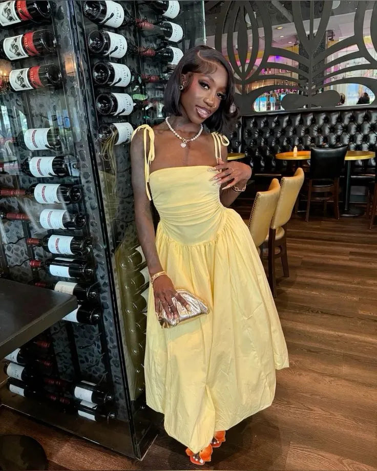 Charming A-line Square Neck Sleeveless Ruched Yellow Midi Prom Dress for Women Ready to Ship