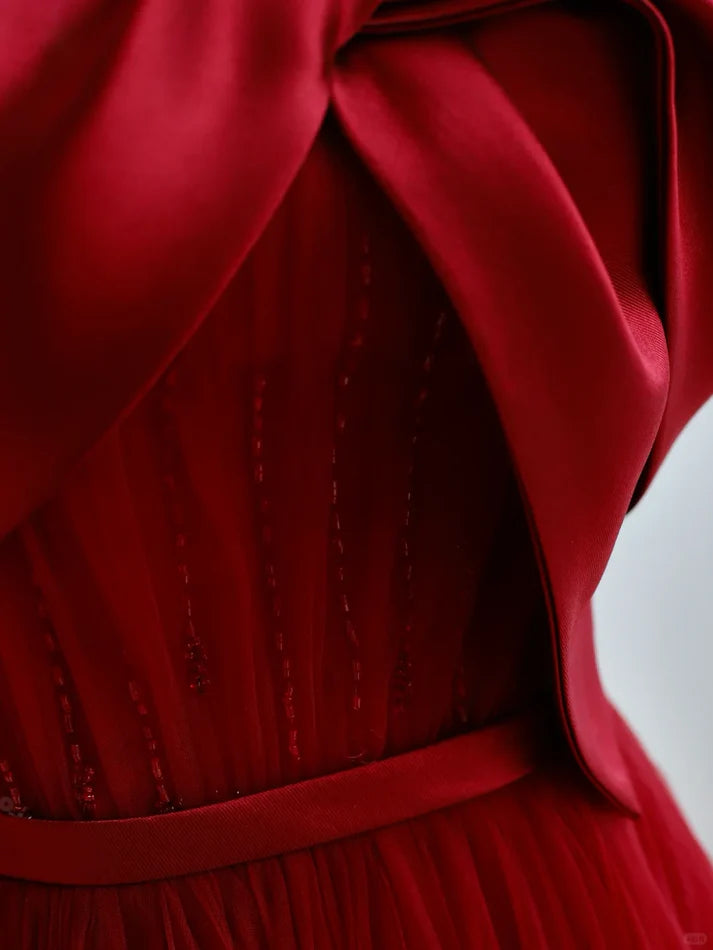 Charming A-line Strapless Satin Tulle Burgundy Prom Dress Evening Dress