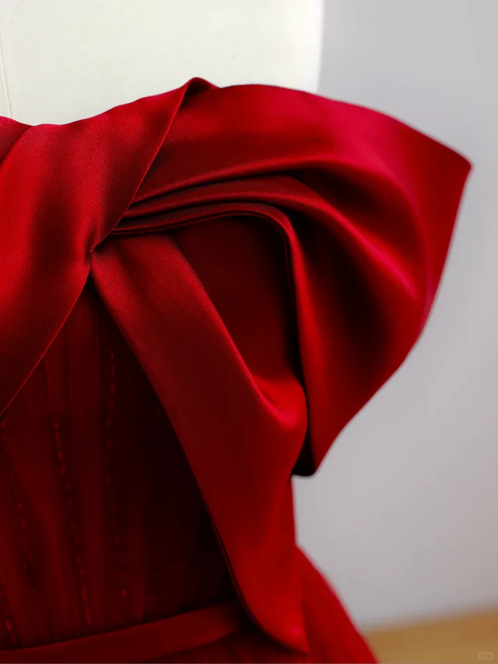 Charming A-line Strapless Satin Tulle Burgundy Prom Dress Evening Dress