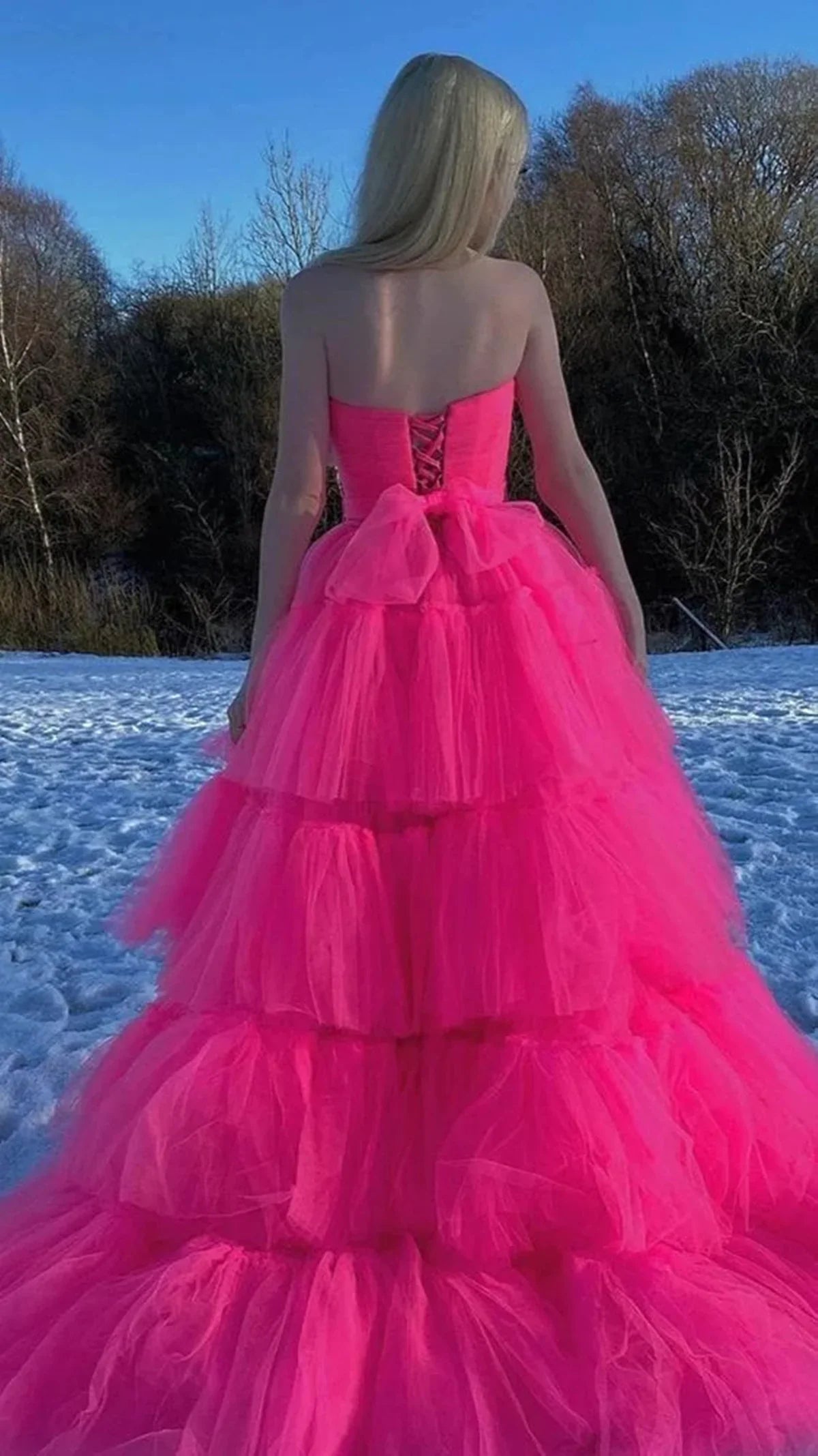 Charming A-line Strapless Tiered Slit Hot Pink Long Prom Dress Evening Dress