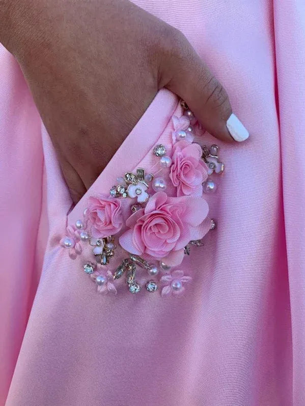Charming A-line Sweetheart Sleeveless Floral Beaded Pink Floor-length Prom Dress for Women Ready to Ship
