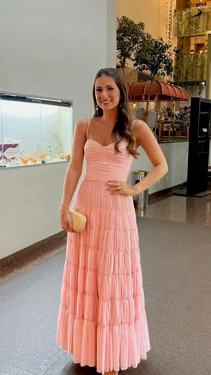 Charming A-line Sweetheart Spaghetti Strap Ruched Chiffon Pink Maxi Prom Dress