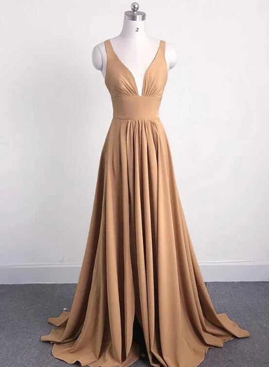 Charming A-line V-Neck Pleated Slit Pink Long Bridesmaid Dress For Women