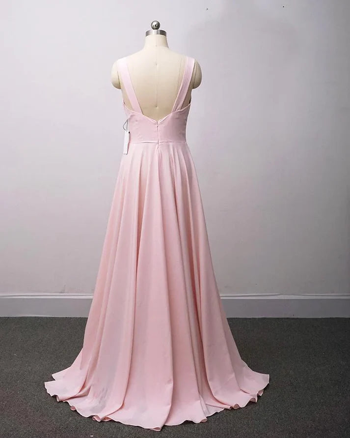 Charming A-line V-Neck Pleated Slit Pink Long Bridesmaid Dress For Women